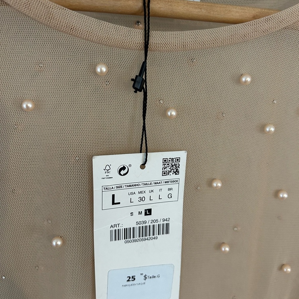 Sheer NWT Pearl Embellished Tan Top Size Large - Picture 2 of 3